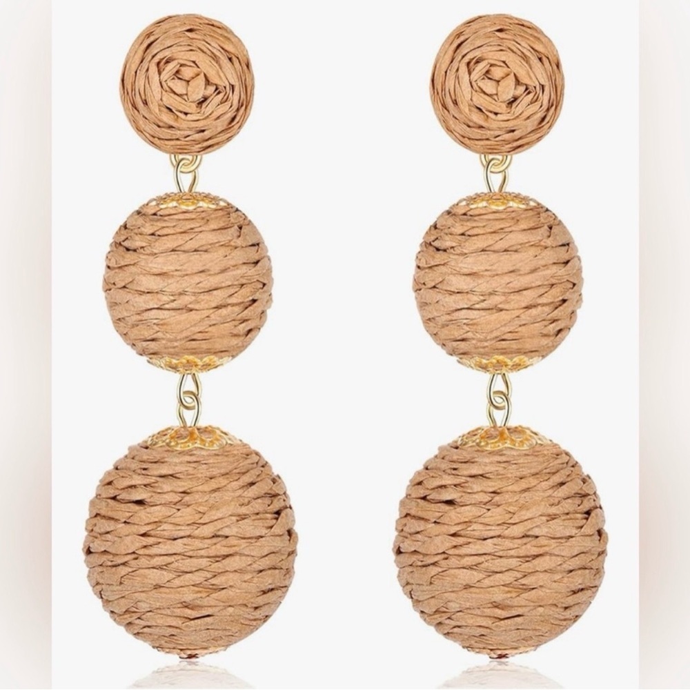 Rattan Covered, Dangling Drop Sphere Stud Earrings, Tan, Gold - Picture 15 of 17